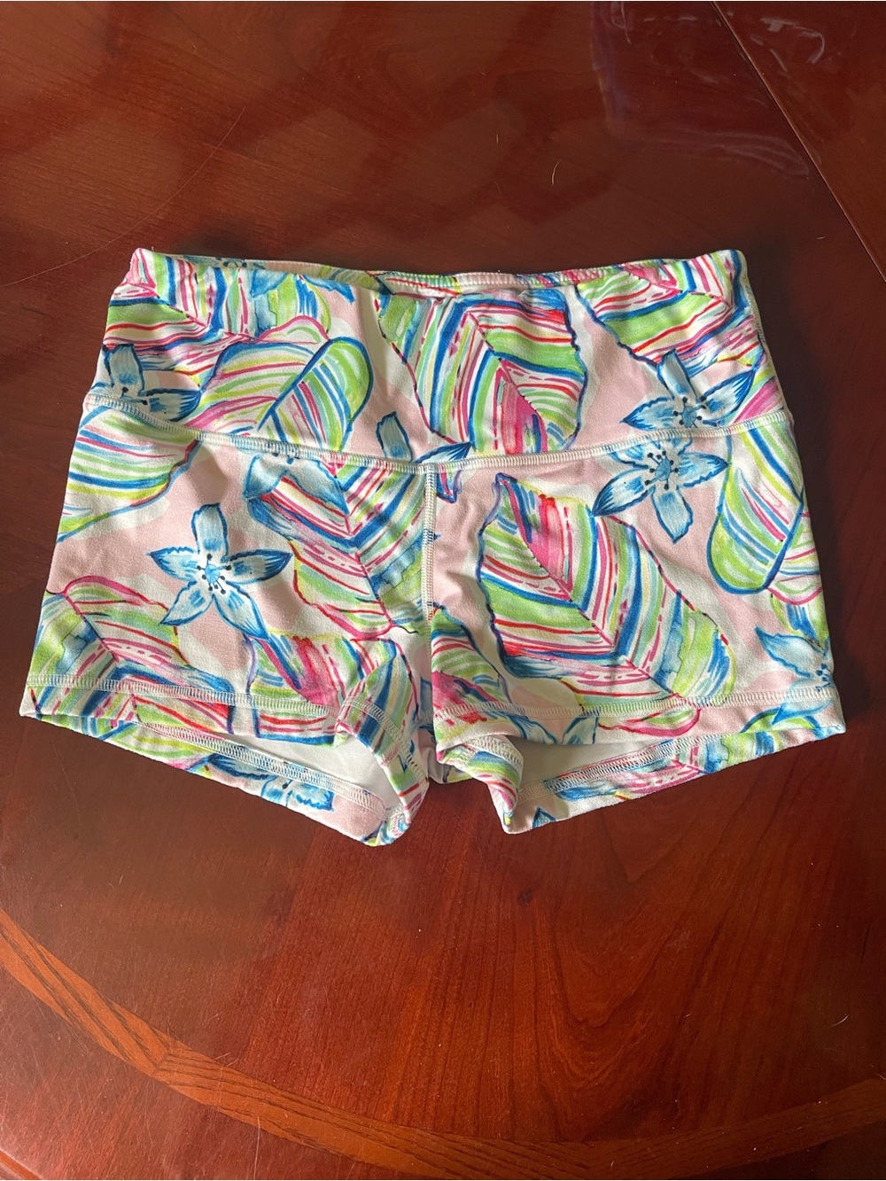 Fleo Women's Floral Leaf Athletic Shorts in Pink, Blue & Green